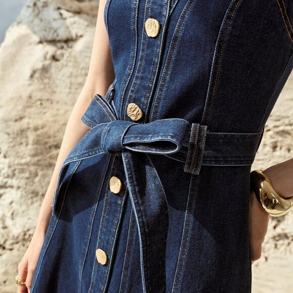 Blue Casual Women's Button Up Belted Denim Dress - Picture 7 of 7
